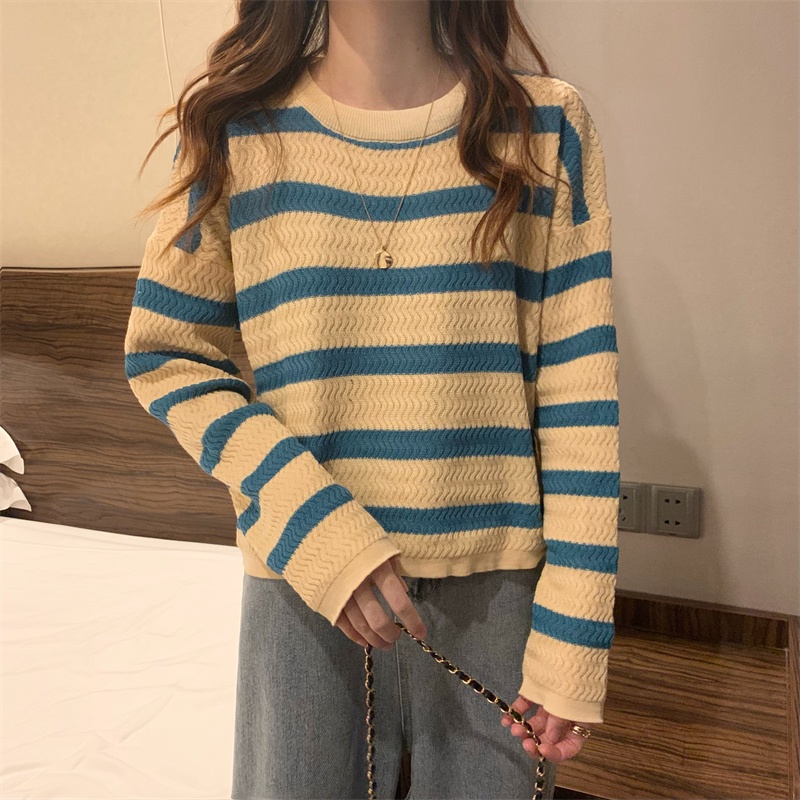 Áo Thun Tay Dài Dệt Kim Dáng Rộng Họa Tiết Kẻ Sọc Thời Trang Mùa Thu Phong Cách Hàn Quốc Mới