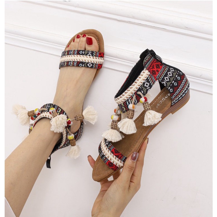 [Chính hãng nội địa XiangLV Sẵn từ 36-39] Giày sandal chiến binh boho thổ cẩm tua rua vintage siêu phẩm cao cấp N60