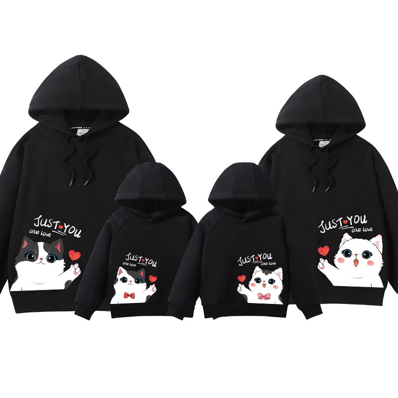 Áo Hoodie Gia Đình Familylove - Mẫu Áo Gia Đình In Họa Tiết Mèo Đáng Yêu Just You One Love Chất Nỉ Da Cá Cotton 100%