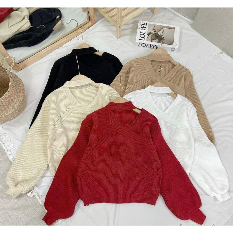 Áo len cổ choker hở vai hàng quảng châu siêu đẹp - Áo len tay bồng nữ