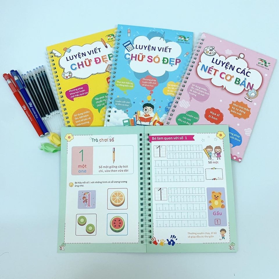 Bộ 3 Vở tập viết nét Lõm TỰ XÓA kèm bút tự bay màu cho bé luyện dễ dàng (2bút + 6ngòi + 2 định vị cầm bút)