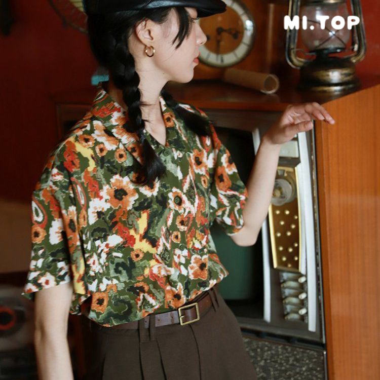 Áo Sơ Mi Tay Ngắn Dáng Rộng In Họa Tiết Phong Cách Retro Thời Trang Cho Nữ