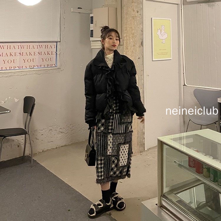 Neinei Chân Váy Len Dáng Chữ a Lưng Cao Họa Tiết Sọc Caro Xẻ Tà Thời Trang Mùa Thu