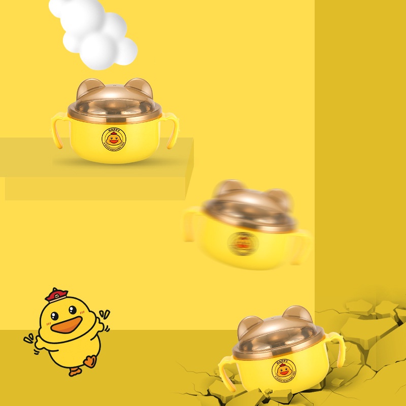 Bát ăn dặm inox có tay cầm, bát ăn dặm giữ nhiệt Happy Duck