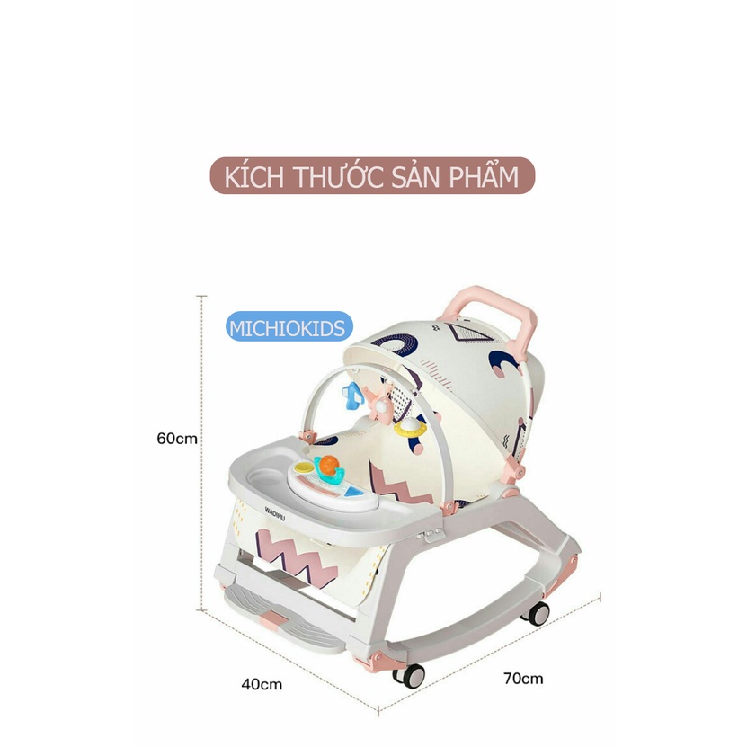 Ghế rung nhún bập bênh kiêm ghế ăn dặm cho bé có bánh xe và đồ chơi