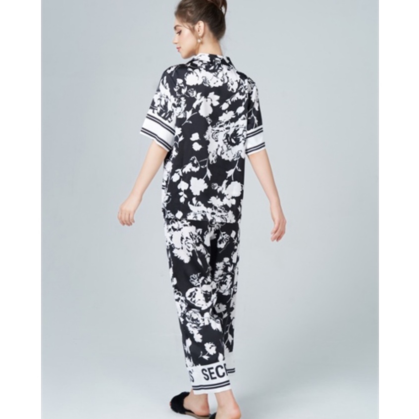 Đồ ngủ nữ Venus Secret bộ pijama quần dài hoa trắng nền đen