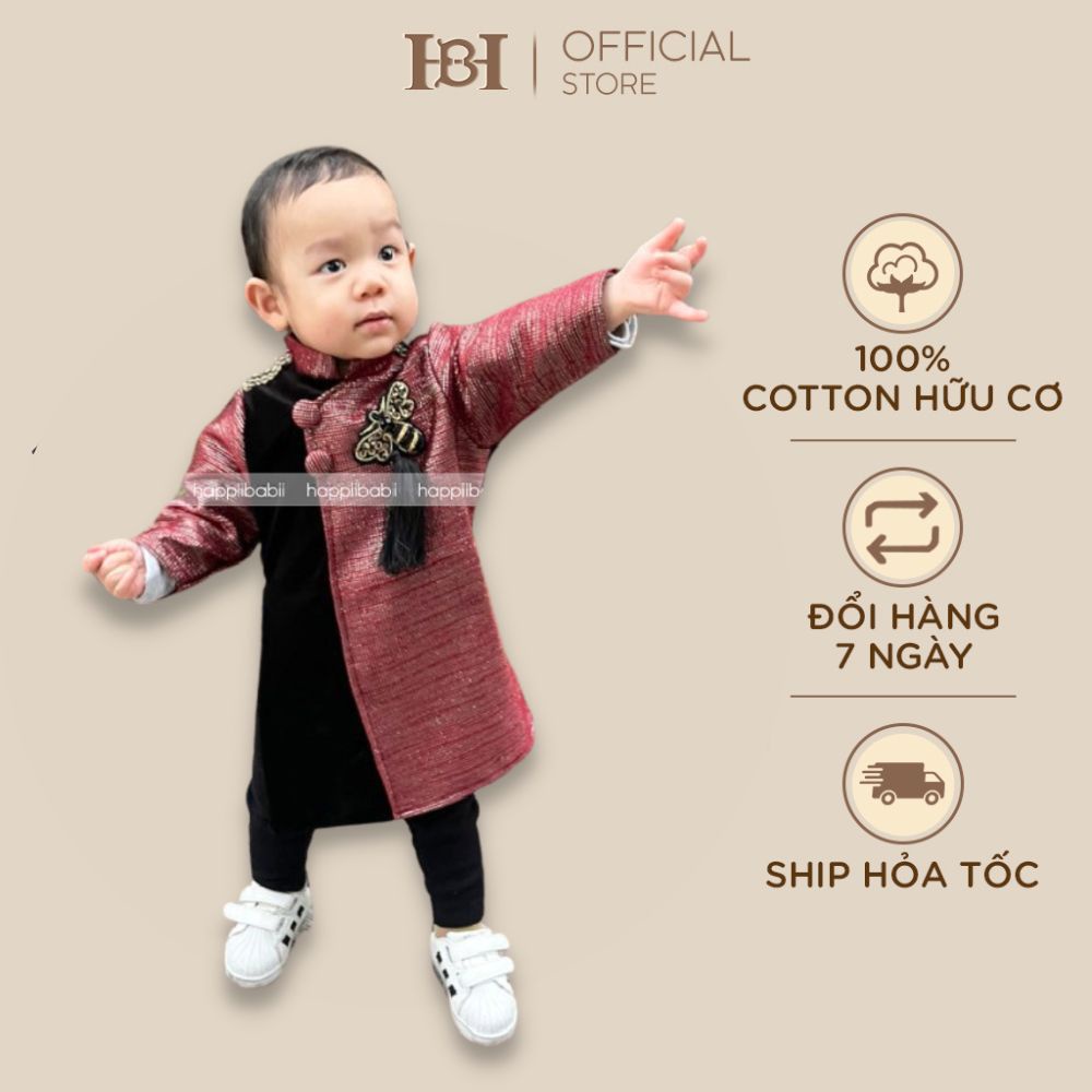 Áo dài nam dạ gấm nhung HAPIIBABII cho mẹ và bé, áo dài cách tân 3 mẫu khuy cài trước co dãn 4 chiều (9-45kg)