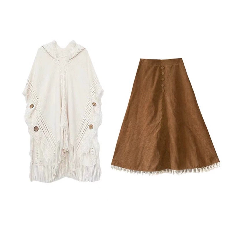 Sét chân váy và áo choàng len có mũ phong cách boho siêu hót
