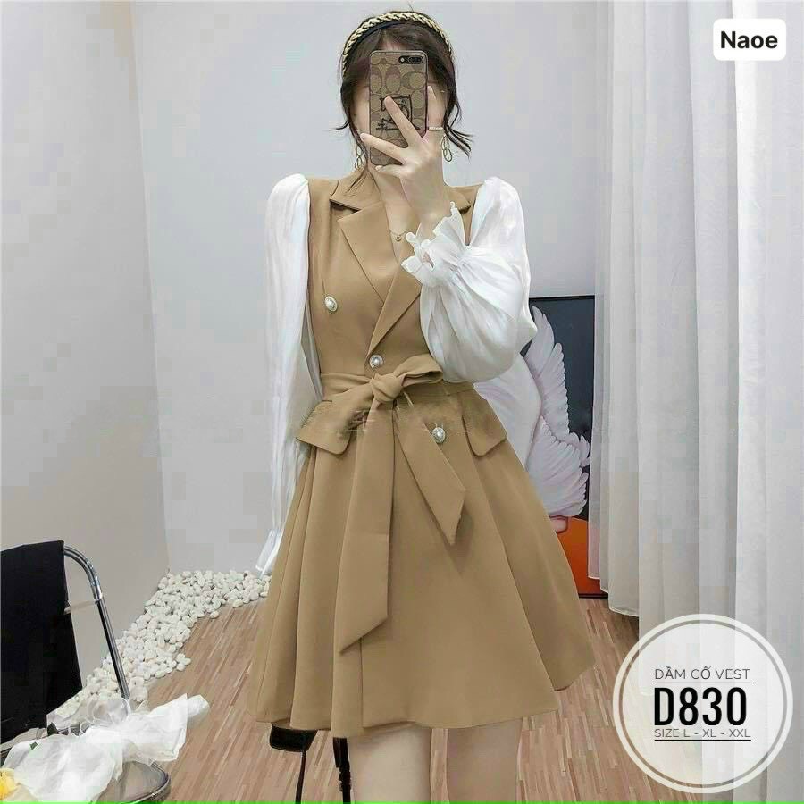 Đầm Xòe Cổ Vest Tay Phối Voan Eo Buộc Nơ