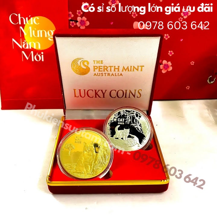 Cặp Xu Úc Hình Con Mèo Mạ Vàng Bạc Tặng Hộp Nhung - TMT Collection - SP005893