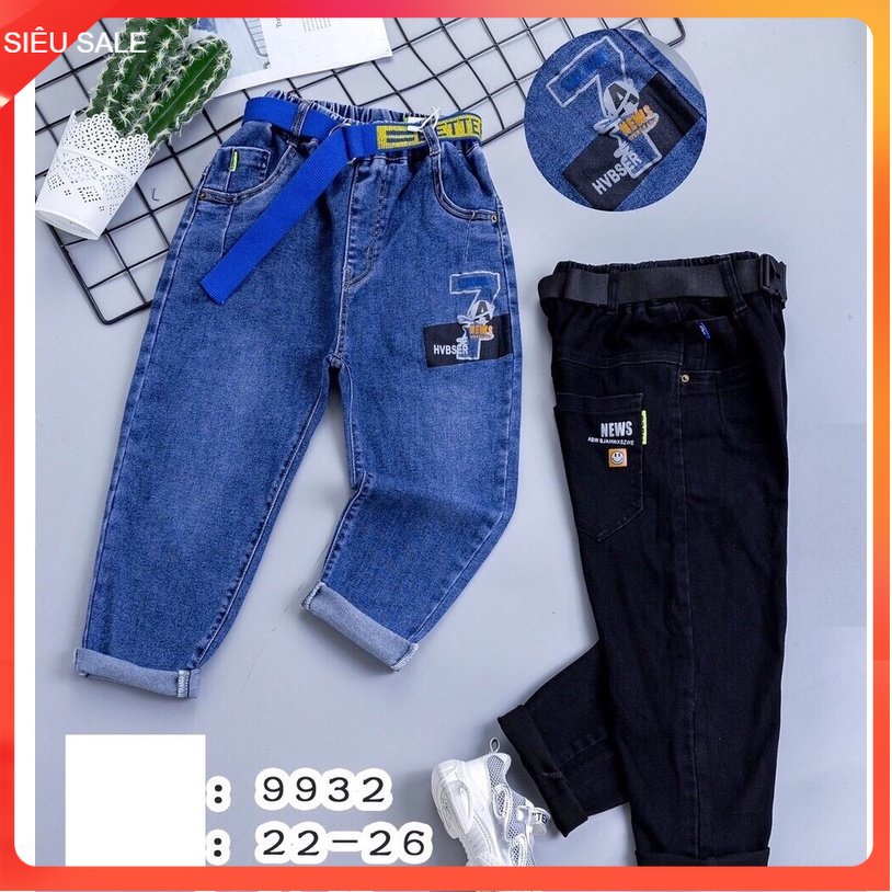 Quần jean dài bé trai 6-10 tuổi in số 7 và chữ, Quần bò cho bé vải mềm co giãn tốt hàng cao cấp thời trang
