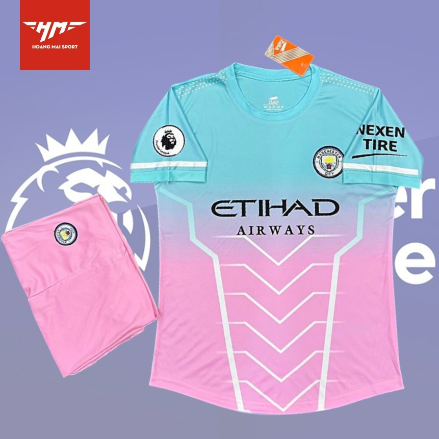 Bộ Quần Áo Thể Thao Bóng Đá Manchester City xanh hồng chất thun