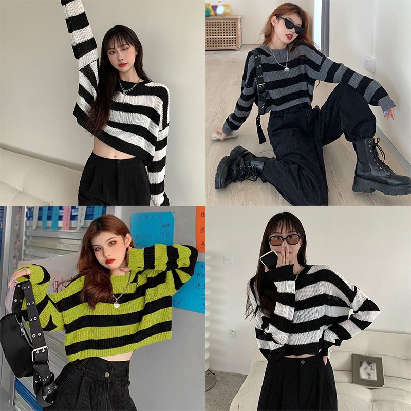 Áo Len Nữ Dài Tay Cổ Tròn Sọc Ngang Thời Trang Hàn