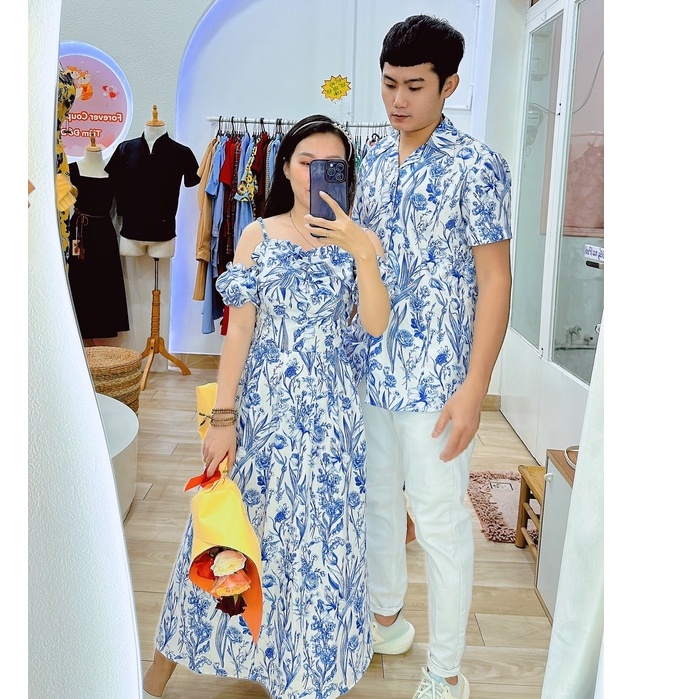 Đồ Đôi Nam Nữ, Áo Đôi Nam Nữ Đi biển đẹp, chụp hình cưới: Set áo váy sơ mi Hàn Quốc(có ảnh thật)