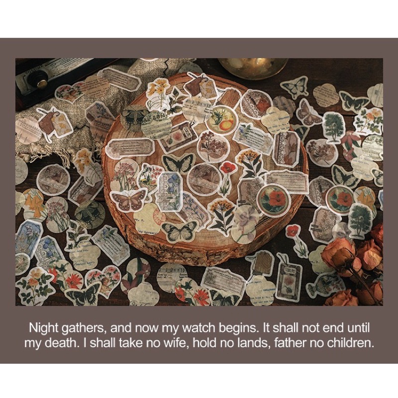 Set 100 sticker nhãn dán washi mini hình tem vintage cổ điển trang trí sổ bullet journal