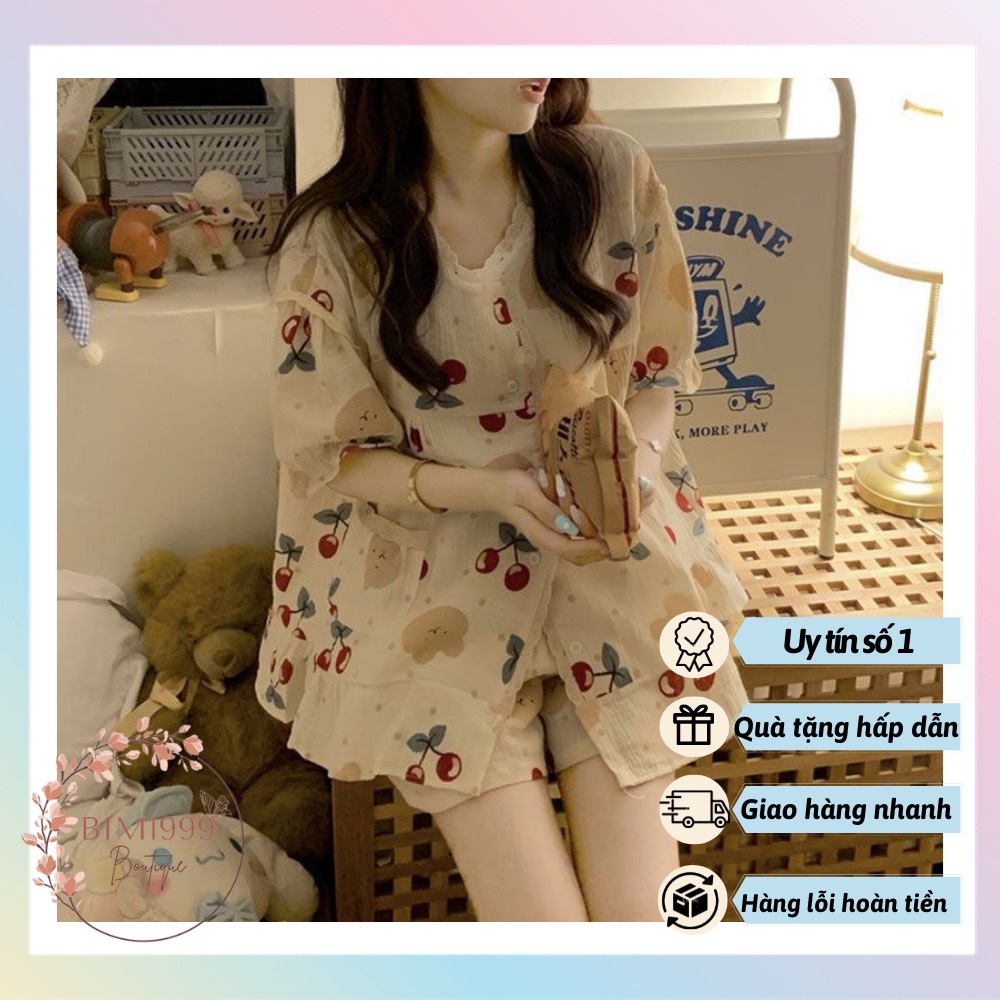 Bộ Mặc Nhà Cotton Ngắn Cherry và Gấu Áo Có Túi Phối Viền Siêu Xinh