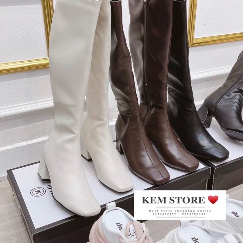 Bốt đùi MJILI, Boots nữ da mềm lót nỉ, khoá cạnh, Boots nữ mũi vuông - KEM STORE