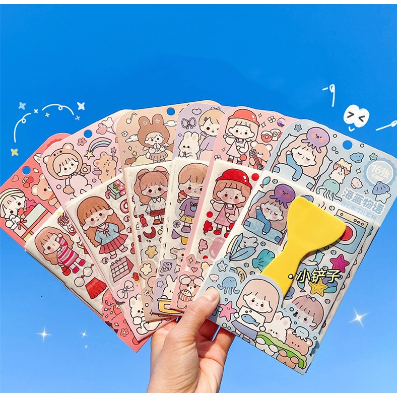 Set 16 Tấm Sticker Dán Trang Trí Sổ Tay diy Họa Tiết Hoạt Hình Dễ Thương