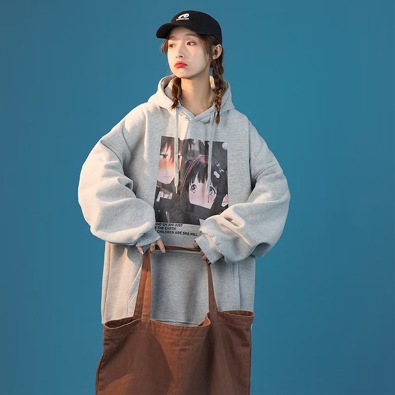 IELGY    Áo Hoodie Dáng Rộng In Họa Tiết Hoạt Hình Phong Cách Hong Kong Thời Trang Cho Nữ