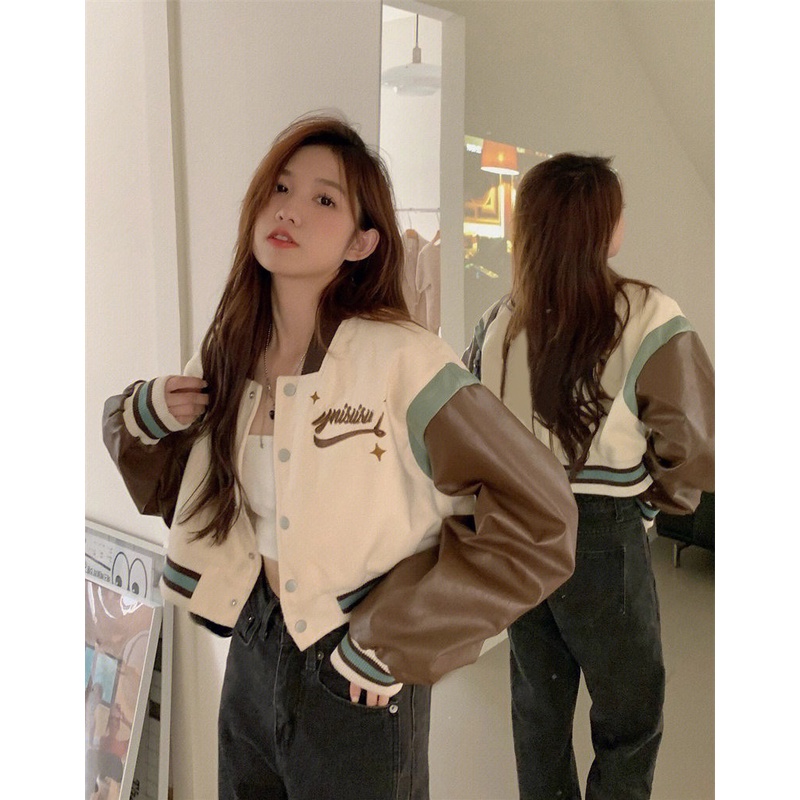 Áo bomber nữ dáng ngắn croptop phối tay da shop Đậu Xinh - B303