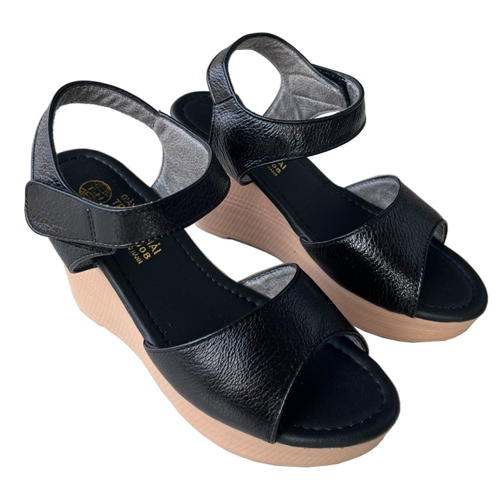 Sandal nữ đế xuồng 9cm da bò màu đen Trường Hải DX145Đ FORM NHỎ
