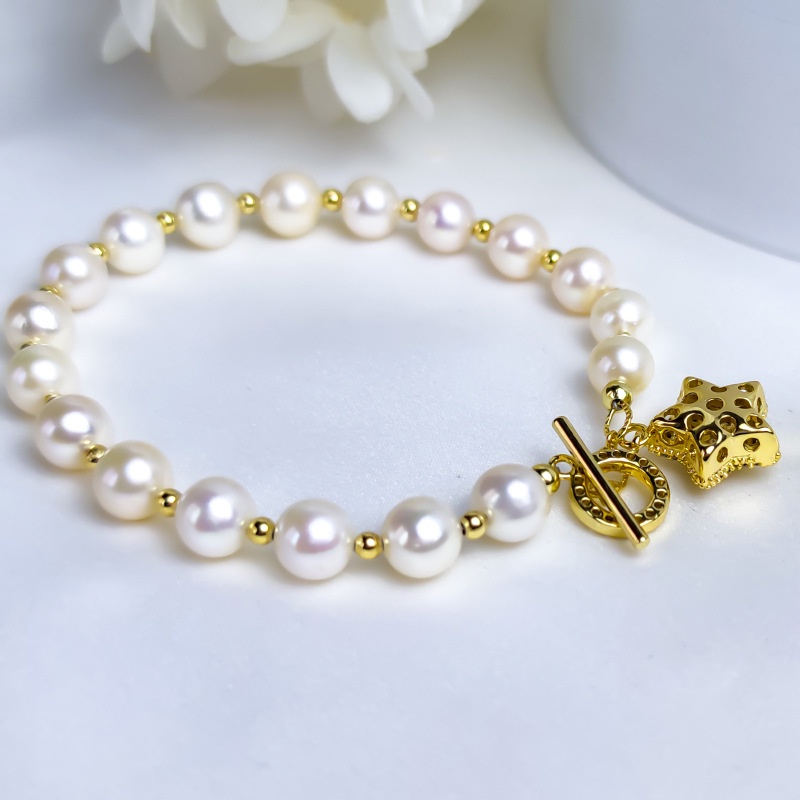 Vòng Tay Hạt Ngọc Trai Tự Nhiên Mạ Vàng 14k Đính Hạt Nhỏ Khóa OT Đơn Giản