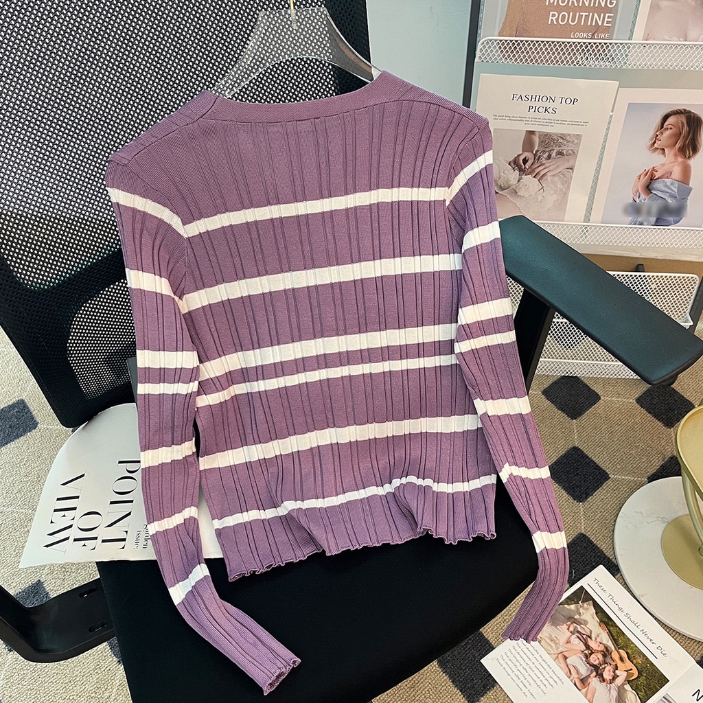 Áo cardigan Dệt Kim Cổ Chữ V Dáng Ôm Hoạ Tiết Kẻ Sọc Thời Trang Mùa Thu Dành Cho Nữ