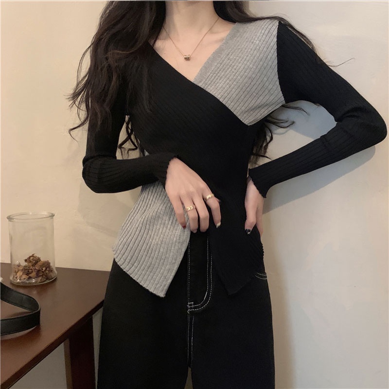 Áo Len Tay Dài Cổ Chữ V Vạt Chéo Thời Trang Hàn Quốc Dành Cho Nữ