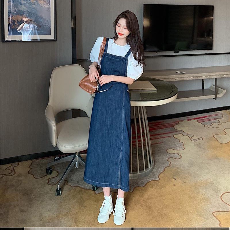 Đầm Yếm Denim Dài Xẻ Lệch Thời Trang Nữ Mùa Hè