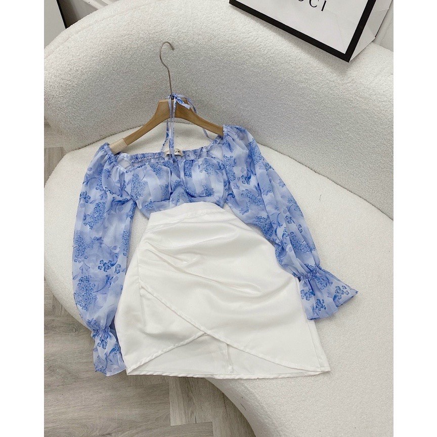 Set Áo Voan Tơ Trễ Vai Tay Bồng, Chân Váy Kaki Mango Nhẹ Nhàng Thanh Lịch, Mã số A46