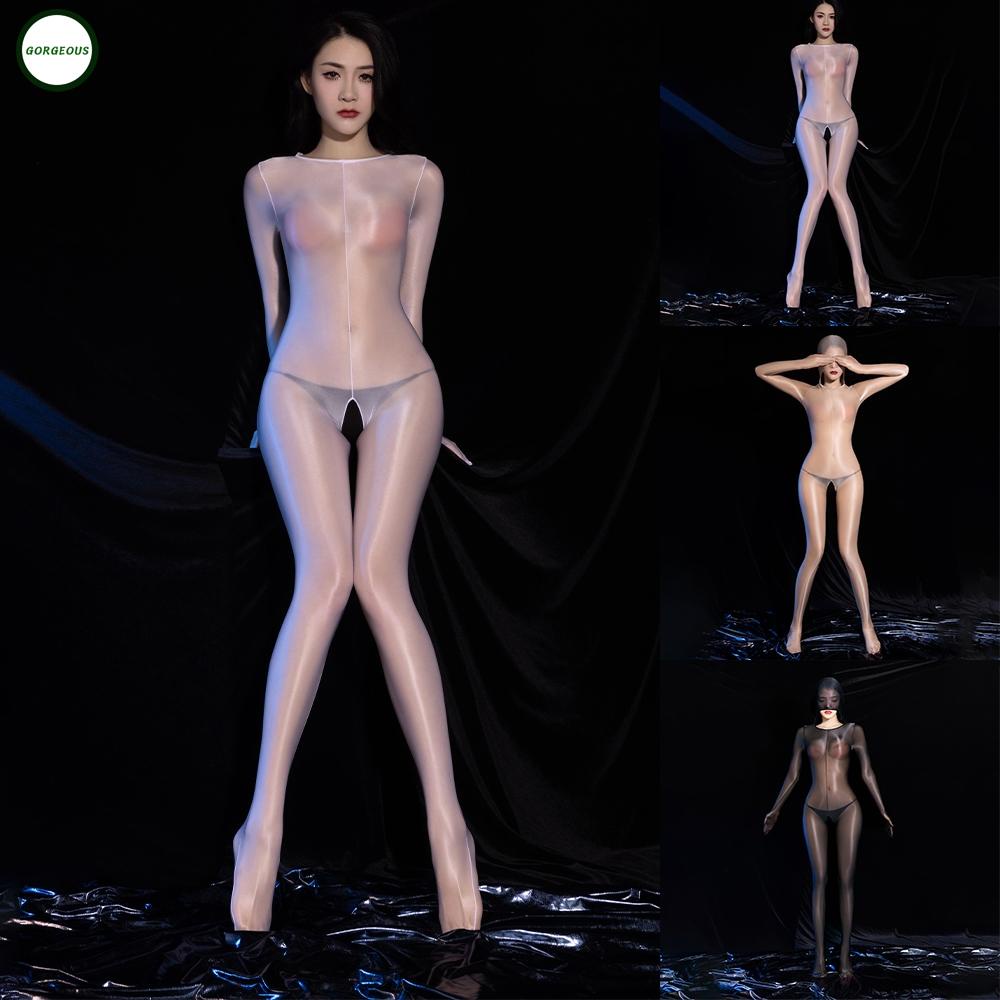 GORGEOUS~Open Crotch Romper Women Sheer Jumpsuit Full Body Glossy Jumpsuit Lingerie