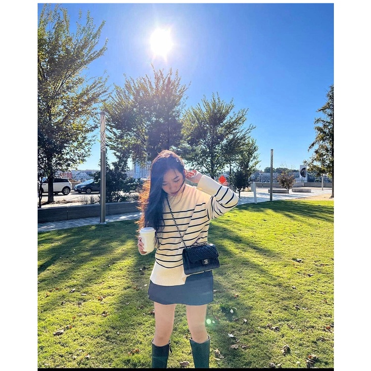 ÁO LEN DỆT KIM KẺ NGANG MÀU KEM KẺ ĐEN - 3519/126