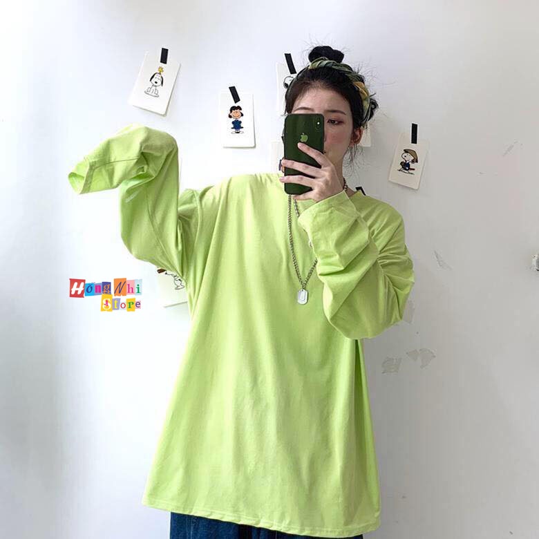 Áo Thun Tay Dài Trơn Long Tee Oversize 80Kg Ulzzang Unisex Nam Nữ Dáng Rộng Xanh Neon - MM