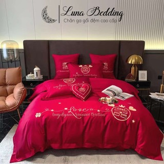 Bộ chăn ga cưới hỷ đỏ trái tim lung linh luna bedding