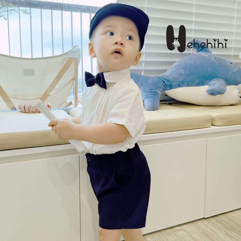Áo sơ mi bé trai HEHEHIHI tay ngắn xếp ly màu trắng chất vải Linen Hàn Quốc thoáng mát A06