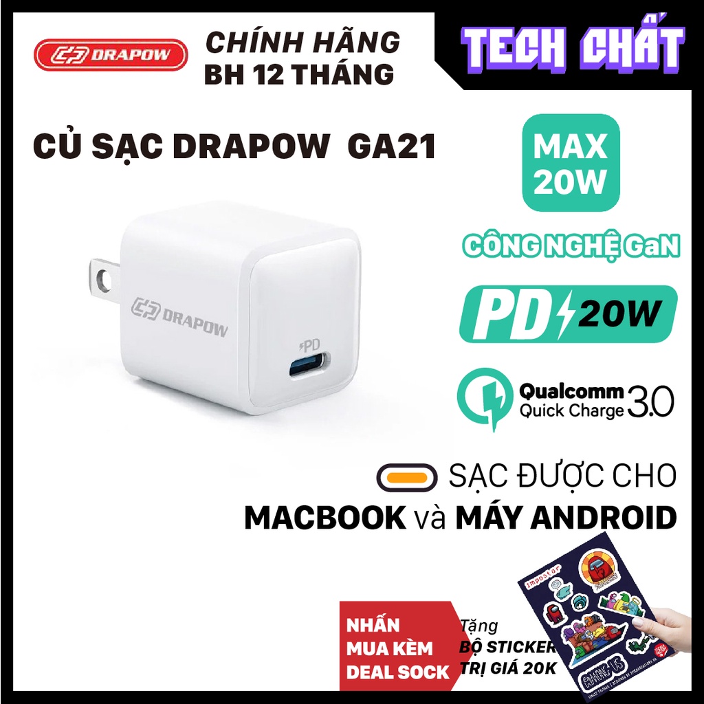 Củ sạc nhanh PD QC 20W chính hãng Drapow công nghệ GaN cho iPhone và Android USB C 20W QC 3.0 18w - GA21 tech chất