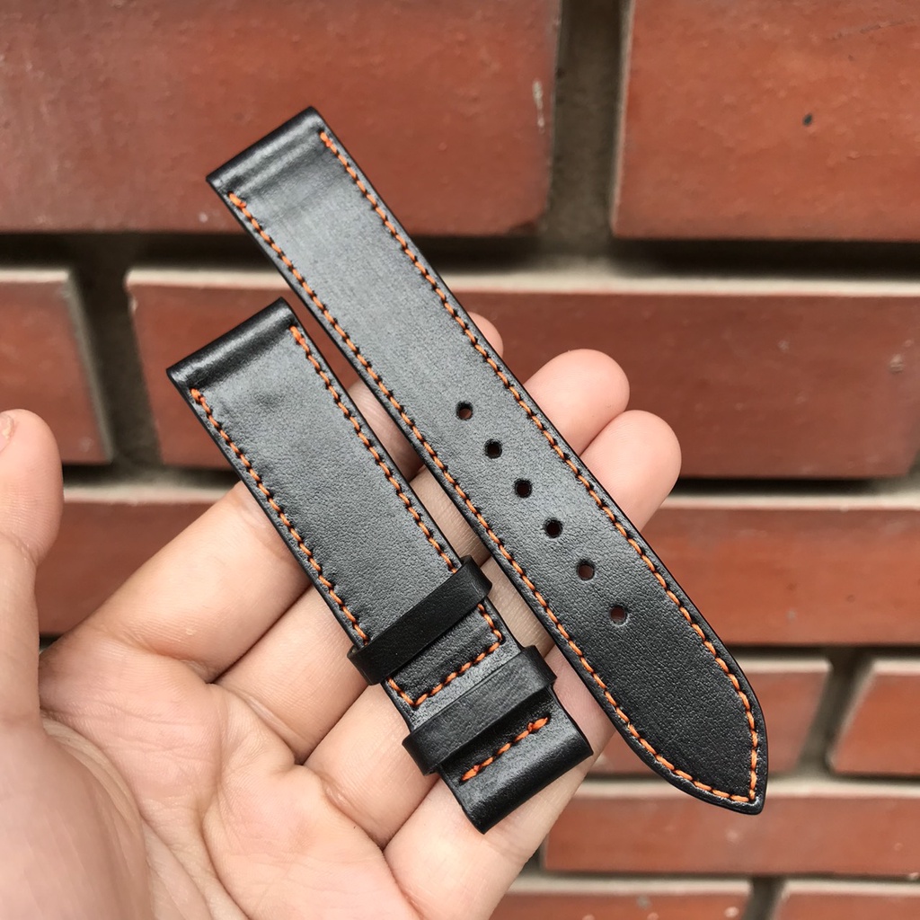 Dây đồng hồ da bò chỉ cam P22 DA TRƠN không thấm nước (Đen ) 20 Phụ kiện đồng hồ