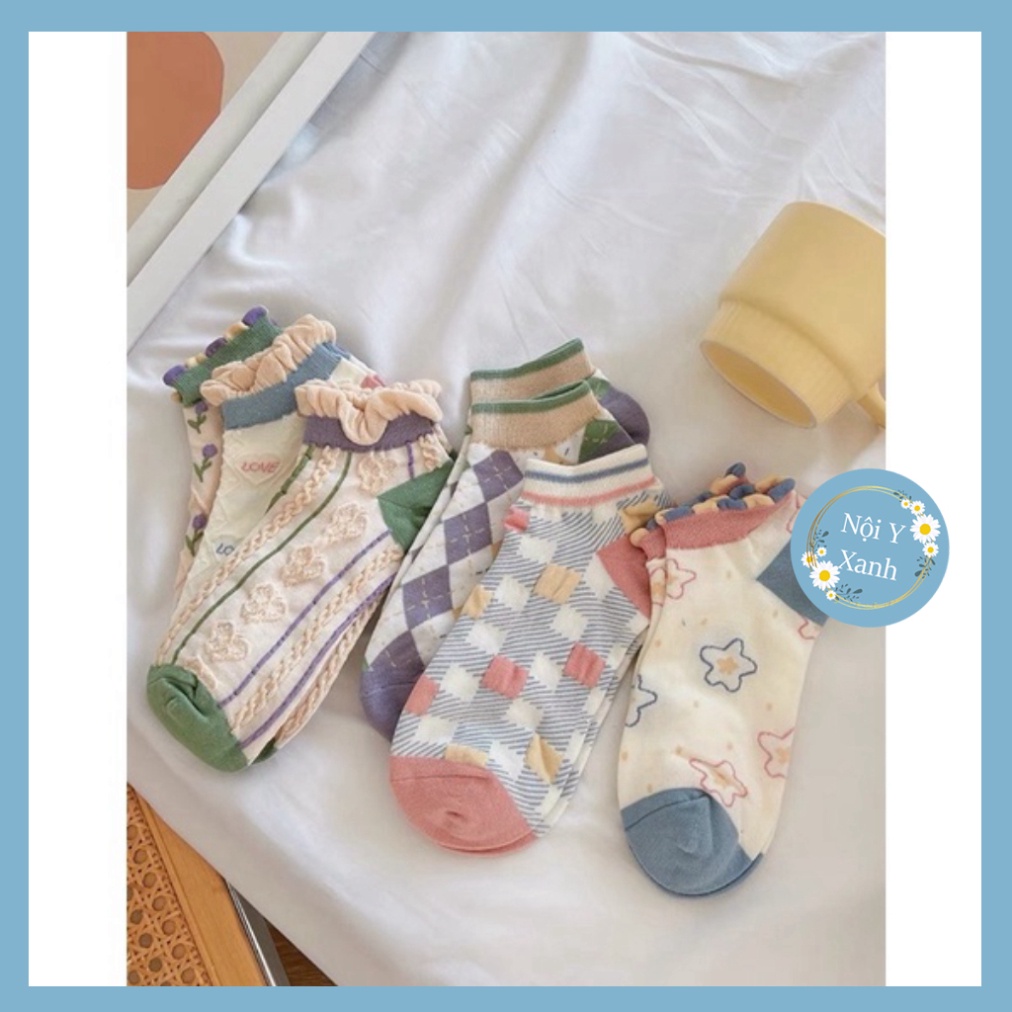 Tất vớ nữ thổ cẩm cổ bèo vật liệu vải Hàn giãn nở bốn chiều,họa tiết kute phong thái hiện đại nội y xanh, chất ấm, thoán