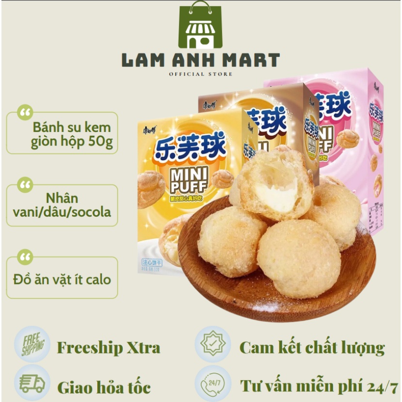 Bánh su kem giòn Mini Puff (hộp 50g) nhân socola, sữa, dâu