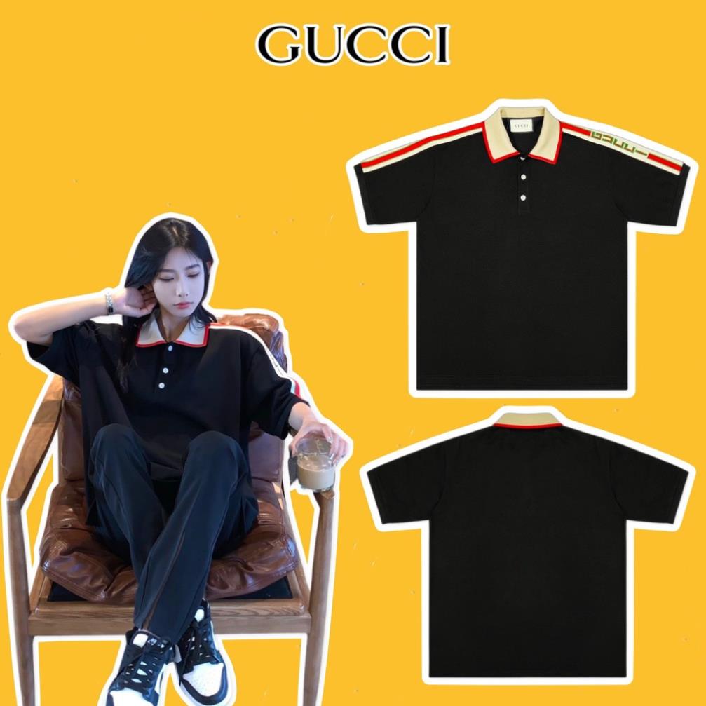 Áo Polo Gucci Đen Chữ cầu Vai Vải Cá Sấu Cotton 100% The.Laz