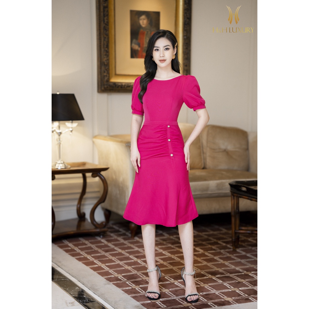 Đầm hồng sen đuôi cá đính cúc - Thời trang công sở nữ H&H Luxury