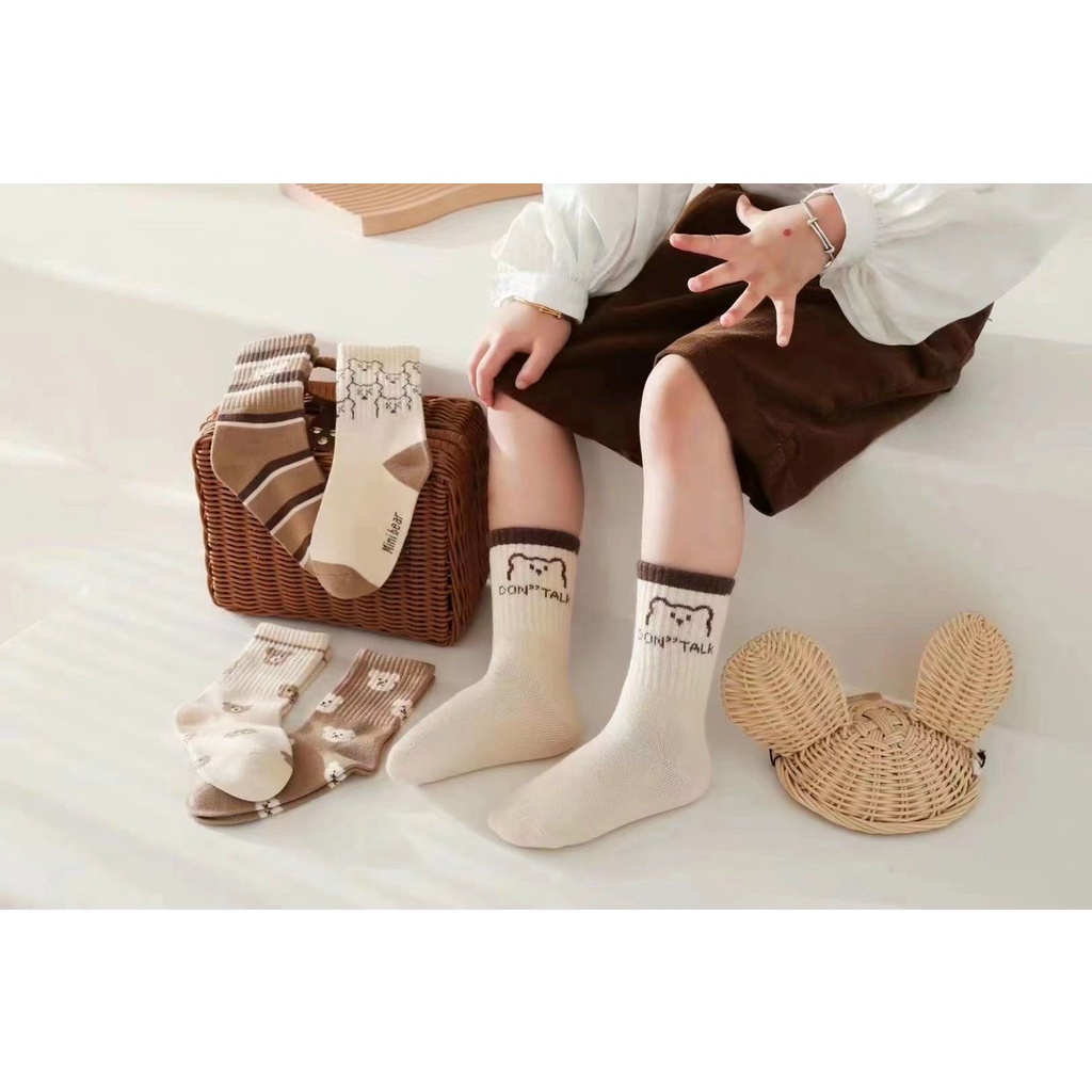 Set 5 Đôi Tất Trẻ Em Cotton Cổ Cao Minibear Phối Hình Gấu Nâu Dễ Thương