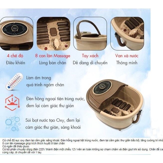 Bồn massage ngâm chân hồng ngoại có sục khí thải độc làm nóng nước 3 chế độ, Máy ngâm chân điện
