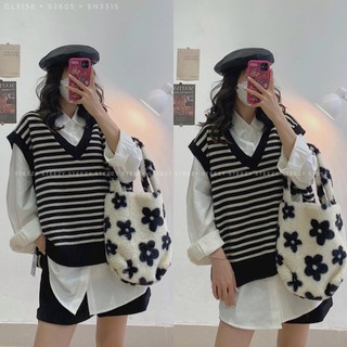 [GL3158] Áo gile len kẻ ngang form rộng (Có sẵn/Ảnh thật)