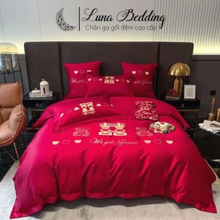 Bộ chăn ga cưới 7 món thêu hỷ đỏ cát tường luna bedding