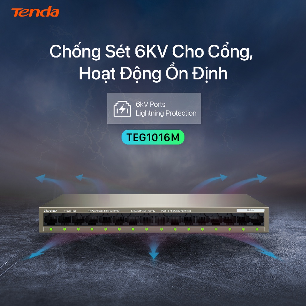 [Mã ELCL12 giảm 9% đơn 300K] Tenda Bộ chia mạng Switch TEG1016M 16 cổng Ethernet 1000Mbps - Hãng phân phối chính thức