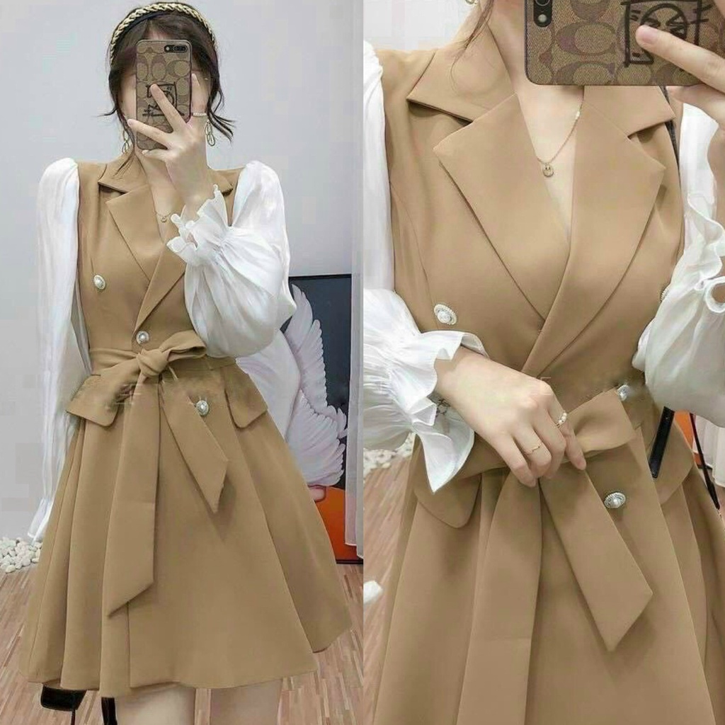 Đầm Váy Nữ Cổ Vest Cột Dây Nơ Eo Phối Tay Dài Voan Lụa Thiết Kế Sang Chảnh Đi Làm Công Sở, Dạ Hội Và Du Lịch Cực Xinh