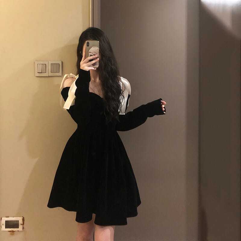 Váy babydoll Đầm Nhung Đen Đính Nơ Phong Cách Pháp Thời Trang Thu Đông Cho Nữ