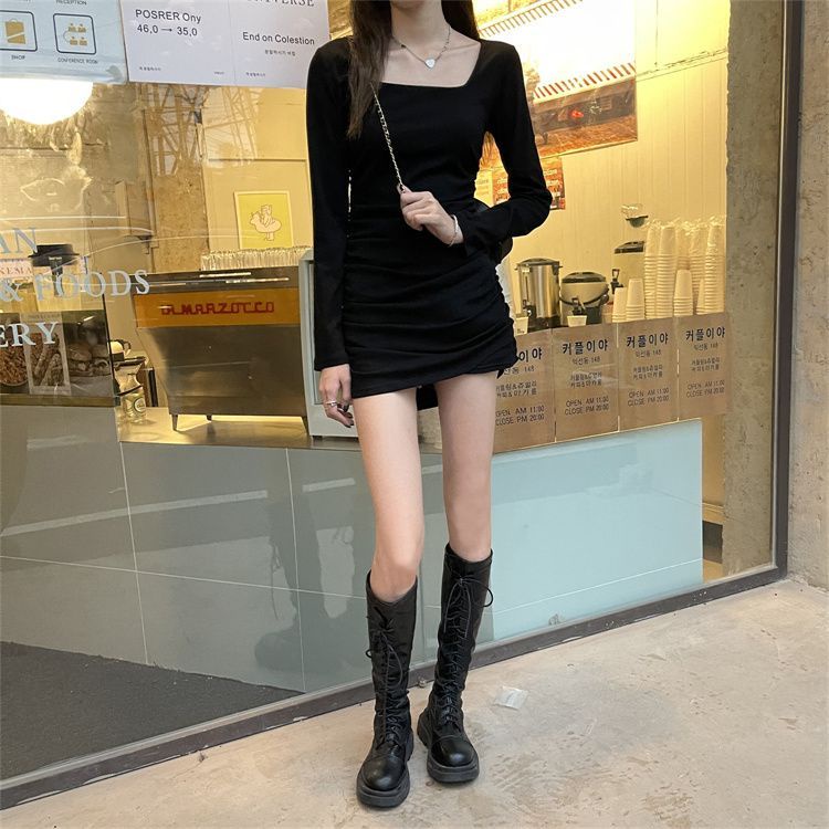 Đầm Ngắn Cổ Vuông Tay Dài Dáng Ôm Màu Đen Phong Cách Pháp Thời Trang Mùa Thu 2022