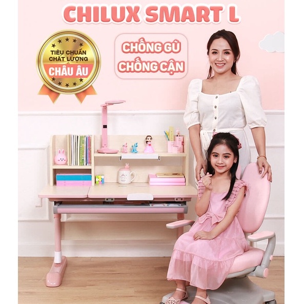 Bàn học cho bé Chilux Smart L cao cấp, thông minh chống gù, chống cận tặng kèm đèn học cho bé, bảo hành 5 năm